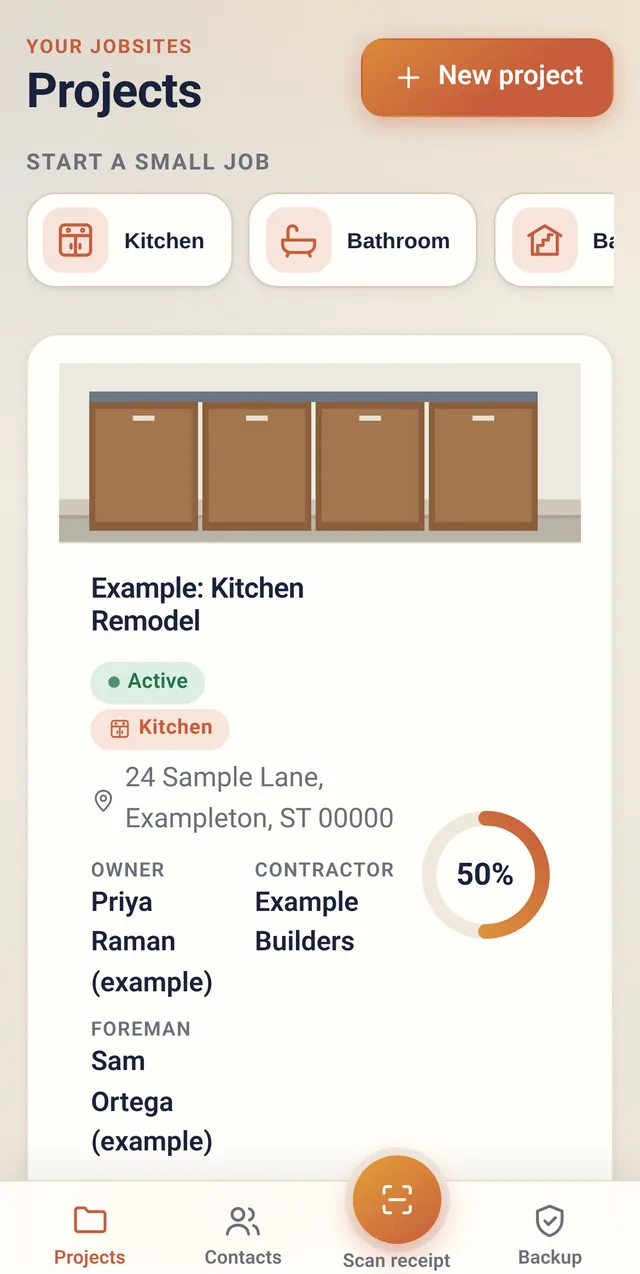 Phone view of the project list with small-job quick-start buttons for kitchen, bathroom, basement, deck, flooring and roof