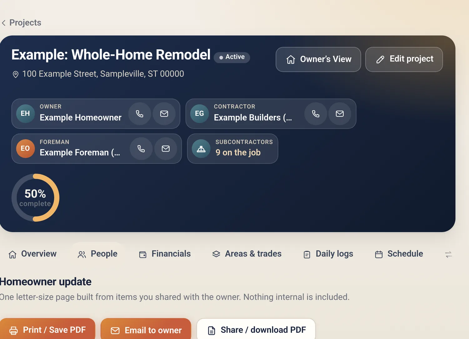 Homeowner update screen with Print, Email and Share PDF buttons and a note field